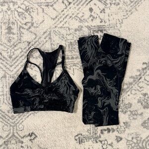 Gymshark Black and Gray Marble Sports Bra and Leggings